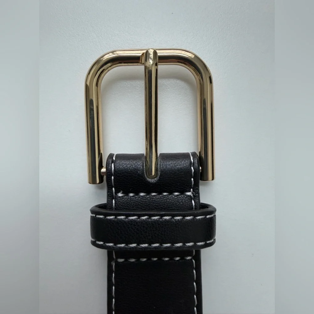 Max Mara Studio Black Vegan Leather Black Belt Gold Hardware Contrast Stitch